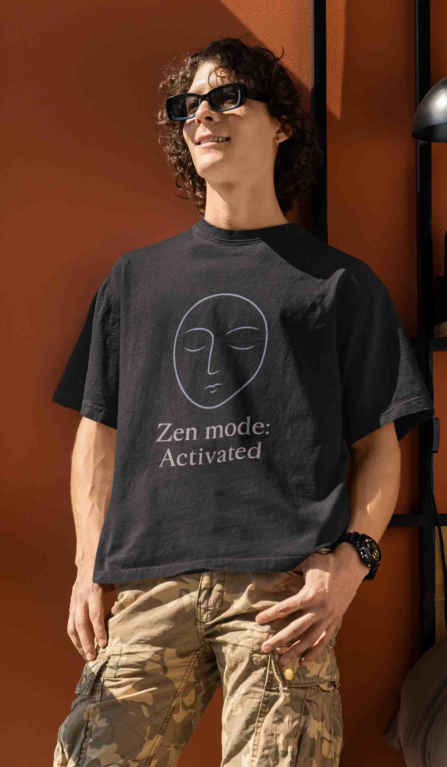 Zen Mode Activated Tee in black with minimal line-art face print