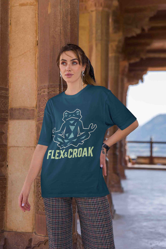 Woman modeling Flex & Croak oversized t-shirt at temple