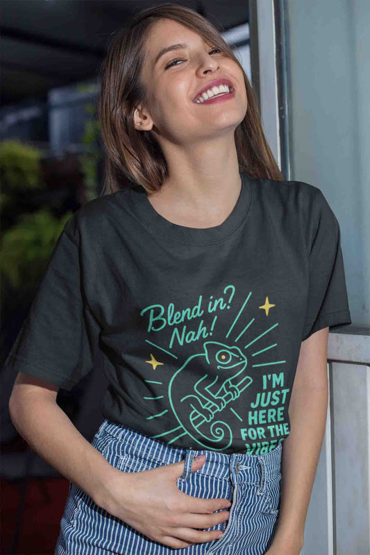Chameleon vibe tee with neon design and text on front