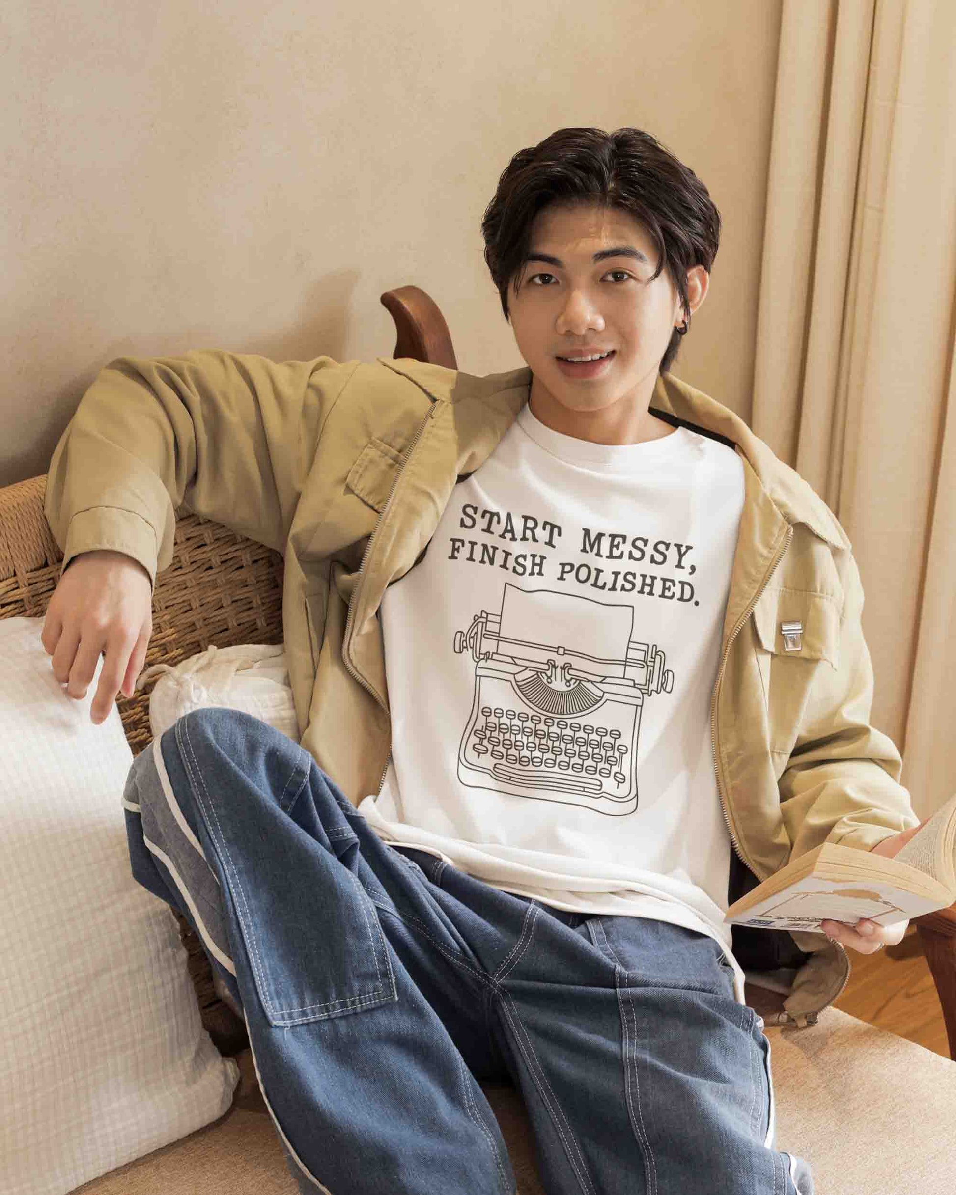 “Start Messy, Finish Polished” tee with typewriter graphic